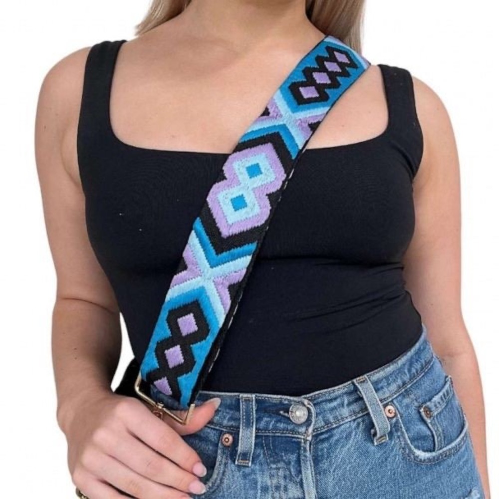 NEW Woven Geometric Guitar Style Purse Strap Blue Purple Adjustable